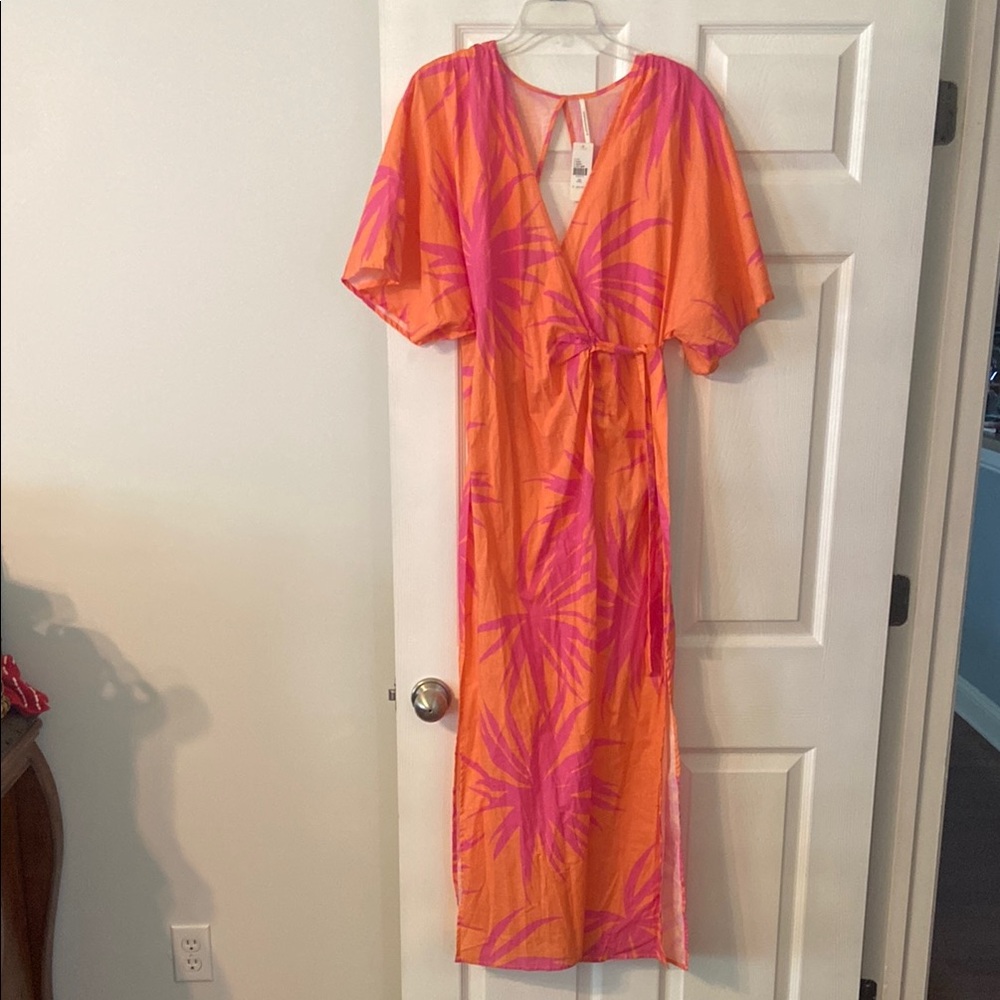 Anthropology Maxi Wrap Dress Vibrant Orange and Pink Dress length 55” bust 32”